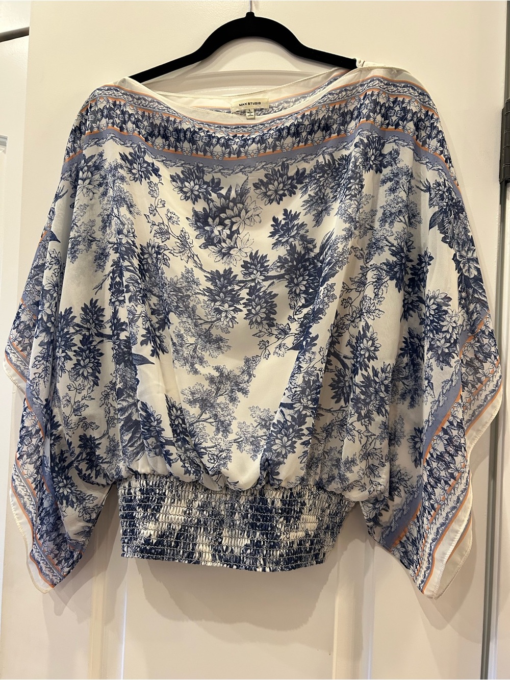 Max Studio Blue and Cream Floral Billowy Blouse with Smocked Waist